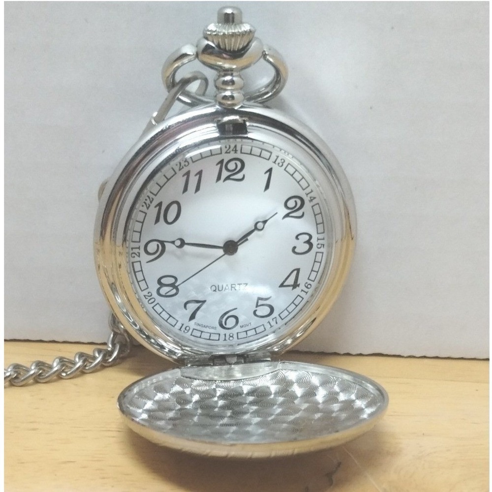 Silver Tone Quartz Pocket‎ Watch Engraved Hunter Case Singapore Movt with Chain